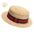 【ComfyCrossing】Summer Female Natural Stiff Wheat Straw Boater Fedora Top Flat Hat Women Beach Flat Brim Cap With Red Navy Stripe Ribbon RH. 