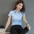 Thin Blue and White Short Sleeve Summer Slim Fit Business Workwear Shirt Women's White Shirt Work Clothes Slimming Elegant Formal Clothes Women. 