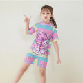Yfashion 2pcs Girls Unicorn Swimsuit Cartoon Printing One Piece Short Sleeve Swimsuit Swimming Cap color. 