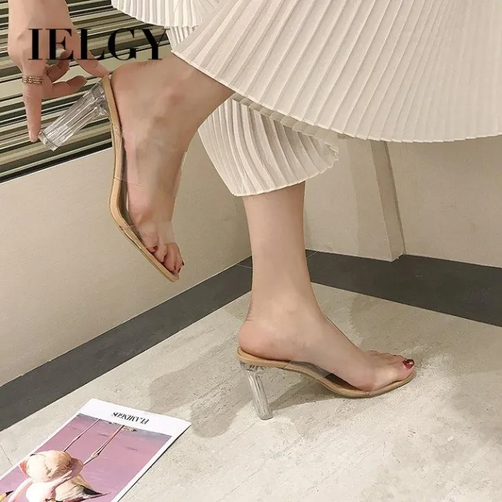 IELGY Crystal slippers women wear fashion wild one word drag new square head thick with high
