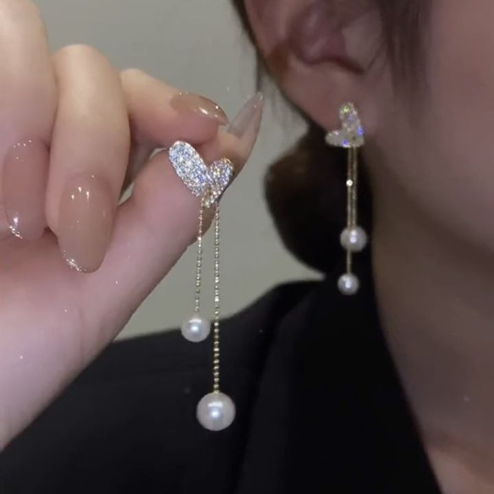 Enacolor%20%20Gold%20Metal%20Chain%20Drop%20Earring%20Pearl%20Female%20Delicate%20Full%20Crystal%20Heart%20Dangle%20Earrings%20for%20%20Girls%20-%20Image%202