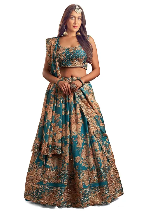 Ethnic Yard Women's Gerogette Semi Stitched Firoji Lehenga Choli(FROM INDIA)NUZ