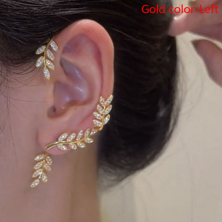 Fashion Rhinestone Leaf Ear Clip for Women Zircon Earrings Without Piercing Party Wedding Jewelry Gift