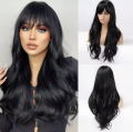 LONG STRAIGHT SYNTHETIC WIG WITH BANGS, 26INCHES, BLACK COLOUR, HAIR EXTENSION, 260GRAMS, THICK HAIR, OMBRE BLACK HAIR, HIGH TEMPERATURE FIBER. 