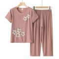 Grandma's Clothes Summer Wear Suit Printed Women's Short-Sleeved Cotton and Linen Loose Summer Clothes for the Elderly Two-Piece Set. 