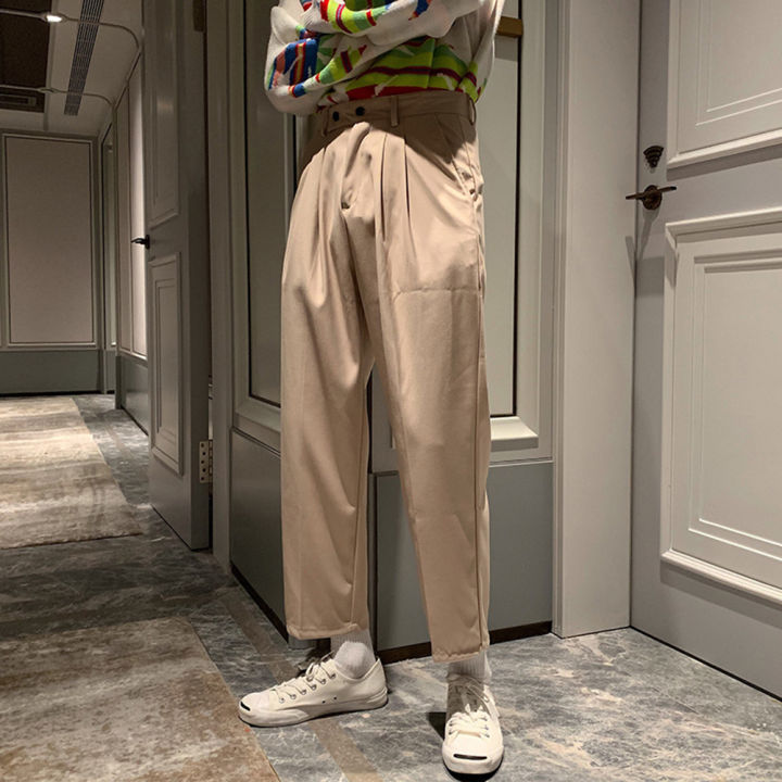 Yfashion Men Pants Solid Color Zipper Button Closure Placket Loose Straight-leg Casual Drape Trousers color