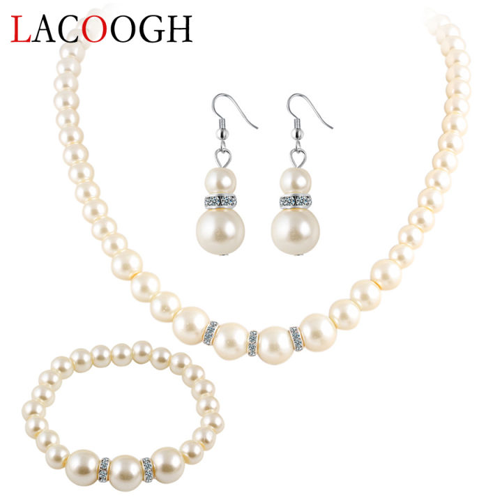 【LuxeGlow】Lacoogh Trendy Jewelry Sets for Women White Crystal Faux Pearls Necklace Earrings Bracelets Fashion Round Party Jewelry