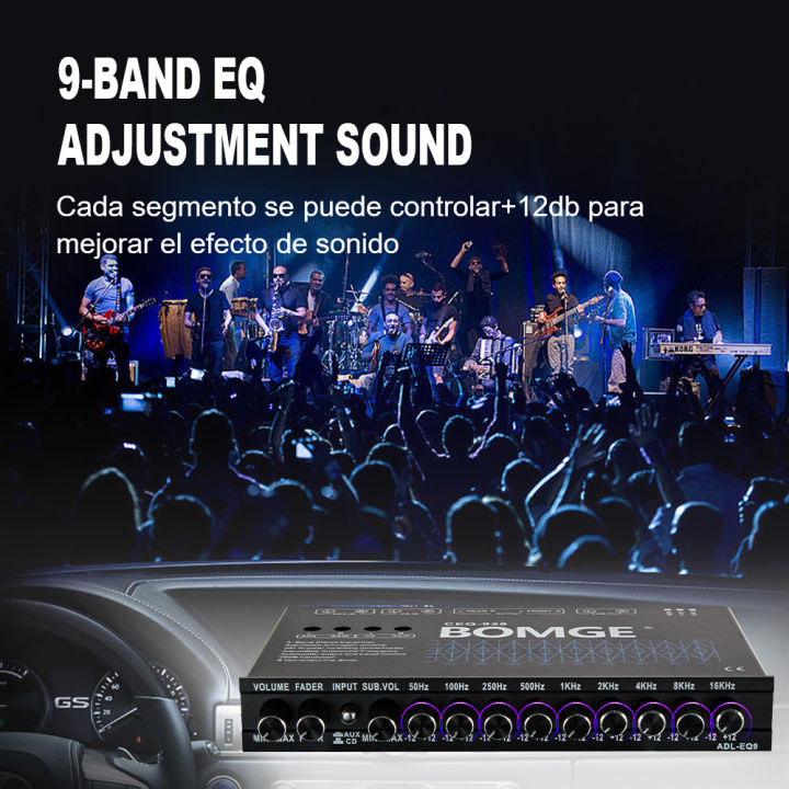 BOMGE%209-Band%20Car%20Audio%20Equalizer,%20Car%20Graphic%20Equalizer%20EQ%20W/Front,%20Rear%20+%20Sub%20Output,%208V%20RMS%20Line%20Driver,%20Adjustable%20Audio%20Output%20for%20Car,%20Boat,%20W/CD/AUX%20Input%20Select%20&%20White%20Light%20Illumination%20-%20Image%203