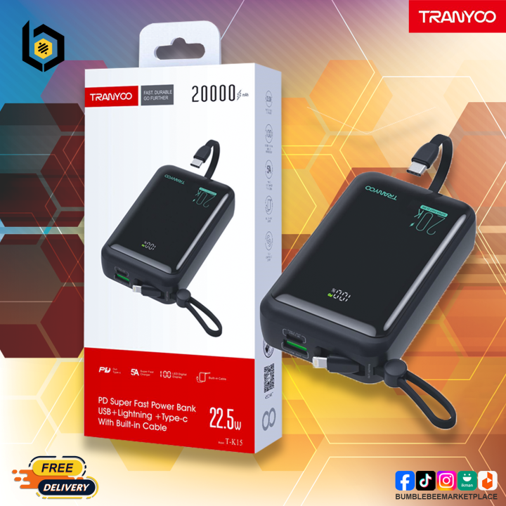 Tranyoo 20000mAh PD Super Fast Power Bank – USB + Lightning + Type-C In-Line Charging – High-Capacity Portable Charger for Smartphones, Tablets, and Laptops – Fast Charging, Compact Design, and Durable Build – Ideal for Travel and Daily Use