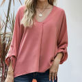 Yfashion Women Summer Loose Shirt V Neck Long Sleeve Roll Up Sleeve Solid Color Tunic Tops Business Casual Shirts Work Tops. 