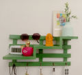 Wooden Wall-Mounted 3-Tier Stair Shelf with Key Hooks and Floating Shelf Rustic Home Decor. 