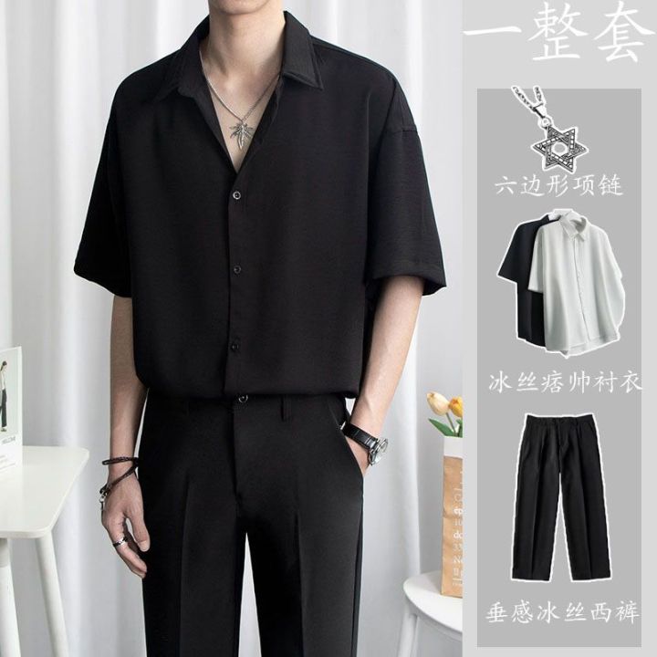 Shijitu%20Ice%20Silk%20Short%20Sleeve%20Shirt%20Men's%20Summer%20High-Grade%20Black%20ins%20Trendy%20Half%20Sleeve%20Loose%20Casual%20Simple%20Set%20-%20Image%209