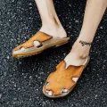 Genuine Cow Leather Slippers Men's Summer Sandals Outdoor Wear Sandals Home Half Slippers Korean Style Trendy Unique Beach Shoes. 