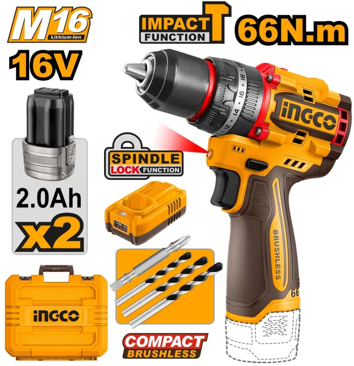 Ingco%2016V%20Brushless%20Cordless%20Impact%20Drill%2066Nm%20%7C%20CIDLI166062%20%7C%202%20Batteries%20+%20Charger%20-%20Image%202