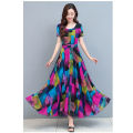 bellylady Women Cotton Casual Dress Floral Pattern Round Neck ing Short-sleeve A-line Long Dress. 