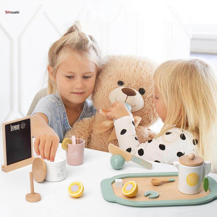 Wooden Tea Set Pretend Play Kitchen Tableware Set Early