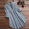 Yfashion Women Cotton Long Sleeves Shirt Trendy V Neck Pleated Floral Printing Blouse Casual Large Size Cardigan Tops. 