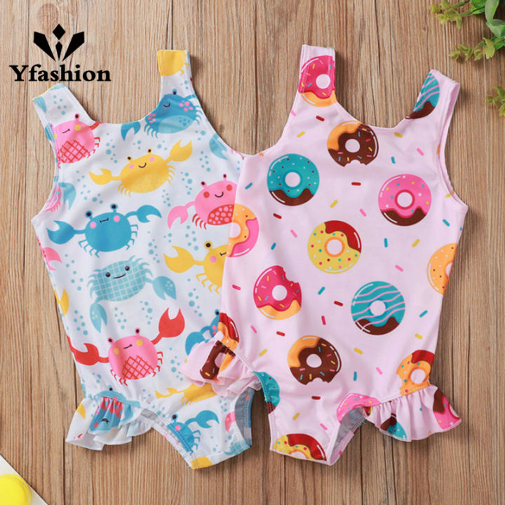 Yfashion Summer Kids Swimsuit Cartoon Crab Donut Printing Breathable Quick-drying Swimwear For 0-3 Years Old Girls Cotton