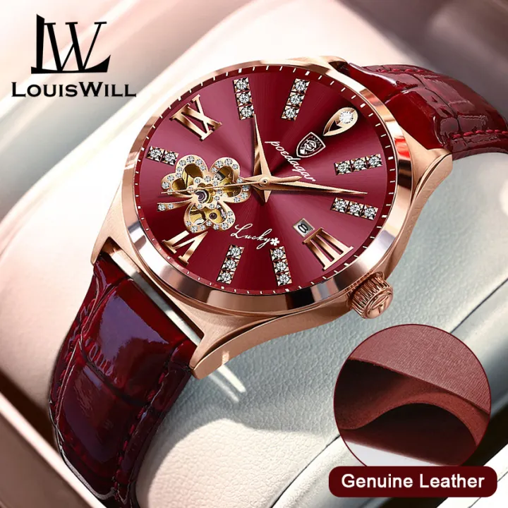 LouisWill Genuine Leather Watch Women's Fashion Watch Clover Dial Inlaid With Diamond 30M Waterproof Watch With Calendar Quartz Watch Belt Watch Wristwatch for Women Ladies