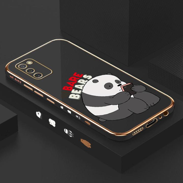 Hontinga for Samsung Galaxy M02S A02S Case Luxury 6D Plating Cute Cartoon Panda Side Pattern Soft Back Cover Silicone Square Phone Cases