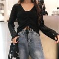 Spring and Summer New Hollow Sweater v Collar Short Loose Women's Long Sleeve Net Hole Top Drawstring Blouse Thin Sweater Women. 