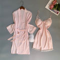 SYQ Solid Color Wavy Lace Sling Silk Nightgown Thin Fairy Two-Piece Nightgown Pad For Women. 