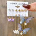 6 Pairs Korean Charm Gold Butterfly Stud Earrings Set For Women Girls Fashion Nicle. 