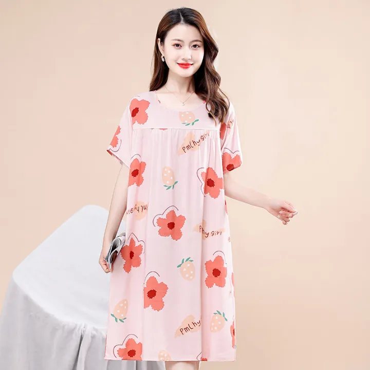 Middle-Aged%20and%20Elderly%20Cotton%20Nightdress%20Women's%20Summer%20Pajamas%20Artificial%20Cotton%20Dress%20Skirt%20Mid-Length%20plus%20Size%20Homewear%20Mom%20-%20Image%205