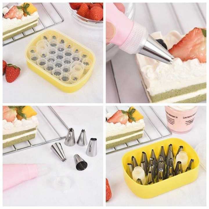 25 Pc Cake Decorating Supplies icing nozzle set With Reusable 02 Couplers and Storage box
