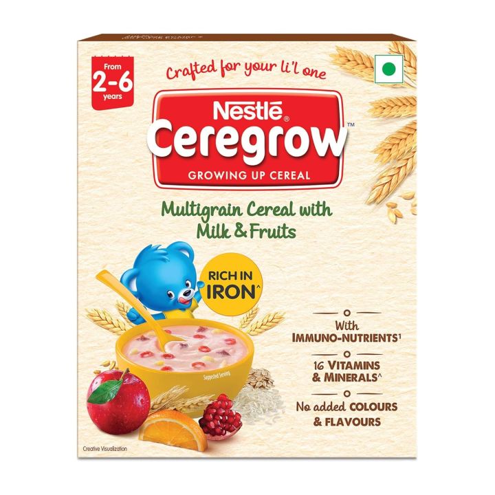 NESTLÉ CEREGROW Kids Cereal-Multigrain,Milk &Fruits|Rich in Iron, Calcium & Protein|Nutrient-Rich Tasty Breakfast |NO Added Colors or Flavors|16 Nutrients for Growth |300g FROM INDIA SAB