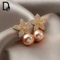 Pearl Gold Earings Jewelry Female Exquisite Crystal Flower Leaves Earrings. 