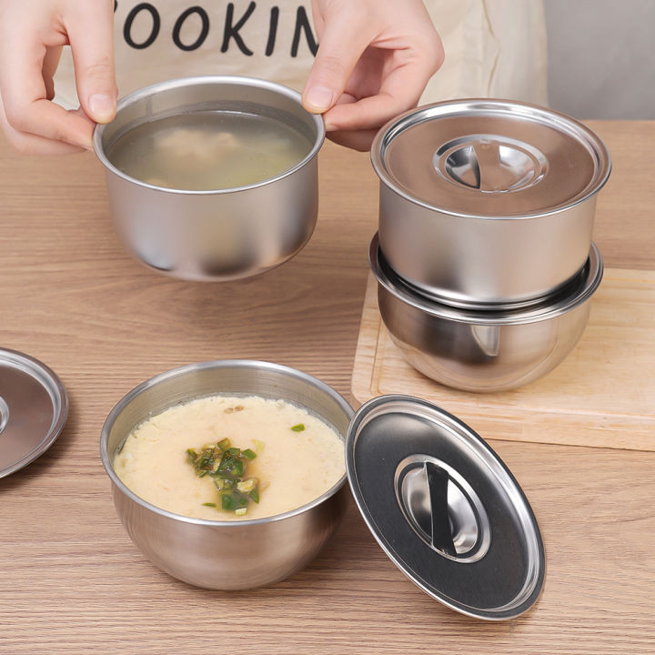 Household Steamed Egg Bowl 304 Stainless Steel Steaming Bowl Double Freshness Single Layer Box With Cover Stewed Steamed Egg Custard Steamer 1Pcs