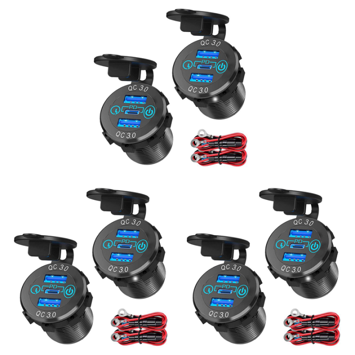 3X QC 3.0 PD3.0 Triple USB Car Charger 12V 24V 60W USB-C Multiple Fast Charger with Switch for Boat, Truck, Motorcycle