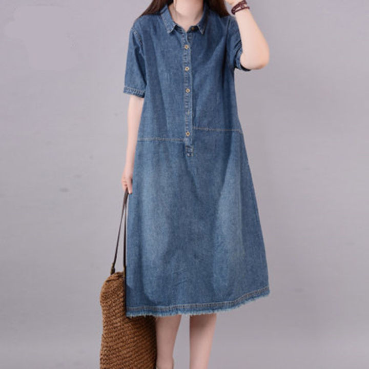 Yfashion%20Women%20Cotton%20Short%20Sleeves%20Denim%20Dress%20Large%20Size%20Casual%20Mid-length%20Skirt%20Fashion%20Simple%20Solid%20Color%20Lapel%20Dress%20-%20Image%208