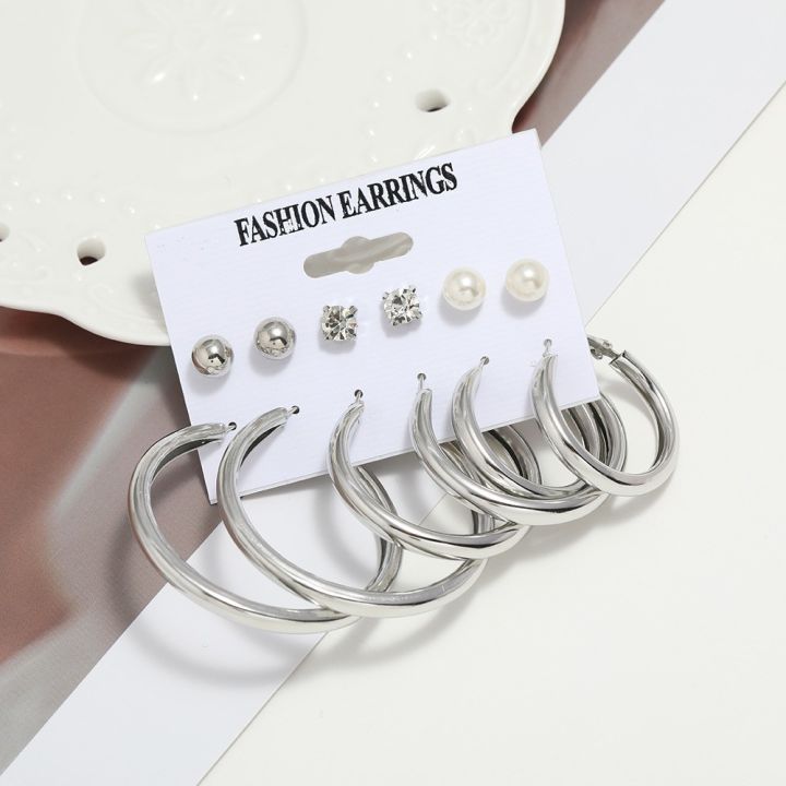 Fashion  Metal Elegant Female Hoop Earrings Crystal Pearl Earings 6Pcs/Set New