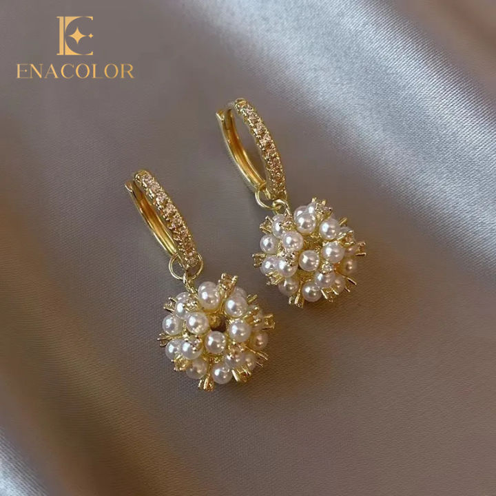 Enacolor Elegant Female Pearl Zircon Ball Earrings for Women Girl Accessories Jewelry