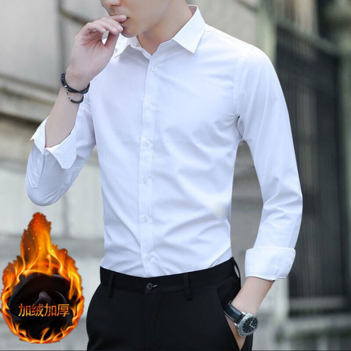 Autumn and Winter Men's Thermal Shirt Fleece-lined Thickened Long Sleeve Solid Color Shirt Korean Style Fashionable Top Clothes White Men's Clothing