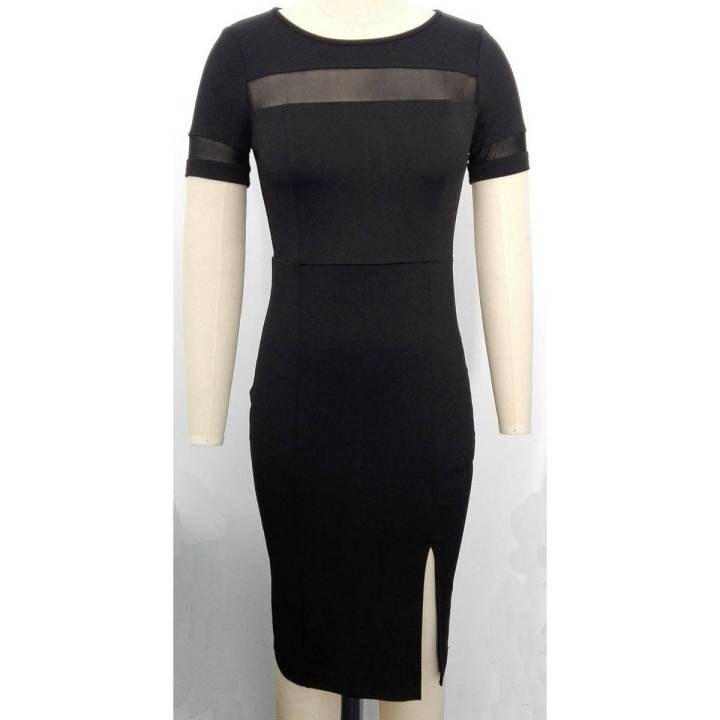 MIOSIS Women's Black Smart Casual Short Sleeve Knee Length Side Splite Dress
