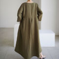 Yfashion Women Cotton Loose Large Size Dress Cotton Linen Round Neck Pullover Casual Simple Solid Color Large Swing Dress. 