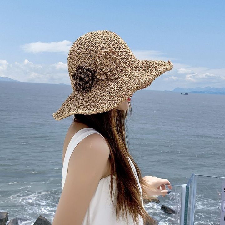 Straw Hat Women's Summer Beach Hat Flower Foldable Sun Protection