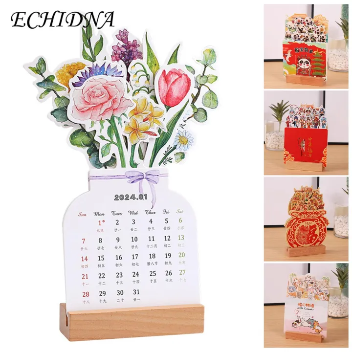 Thickened Paper Calendar 2024 Cartoon Theme Desk Calendar with Wooden Base Monthly Desktop Calendar for Home Office School Jan to Dec 2024 Southeast Asian Buyers' Favorite Non-bleeding Ink Calendar
