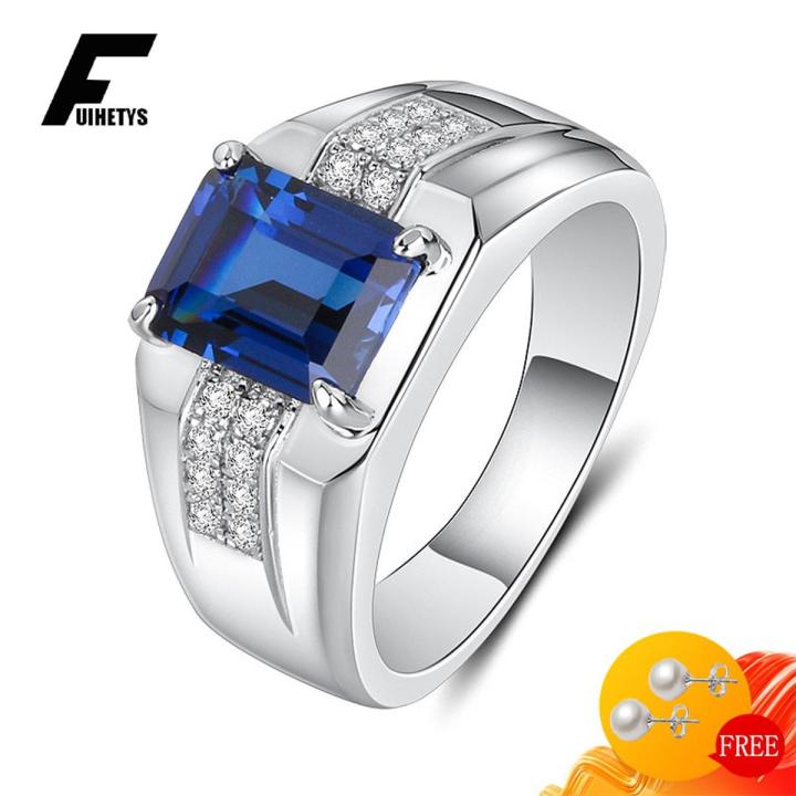 【IKE】Fashion Men Ring Jewelry Rectangle Sapphire Gemstone Finger Ring for Wedding Engagement  Accessories