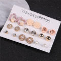 9 Pairs/Set Studs Earrings Set for Women Rose Flowers Heart Pearl Earrings Rhinestone Crystal Stud Earring Jewelry Gift. 