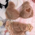 Womens 2pcs Bra Panty Set Bear Faux Fur Underwire Underwear Plush Ball Bow Anime Lingerie. 