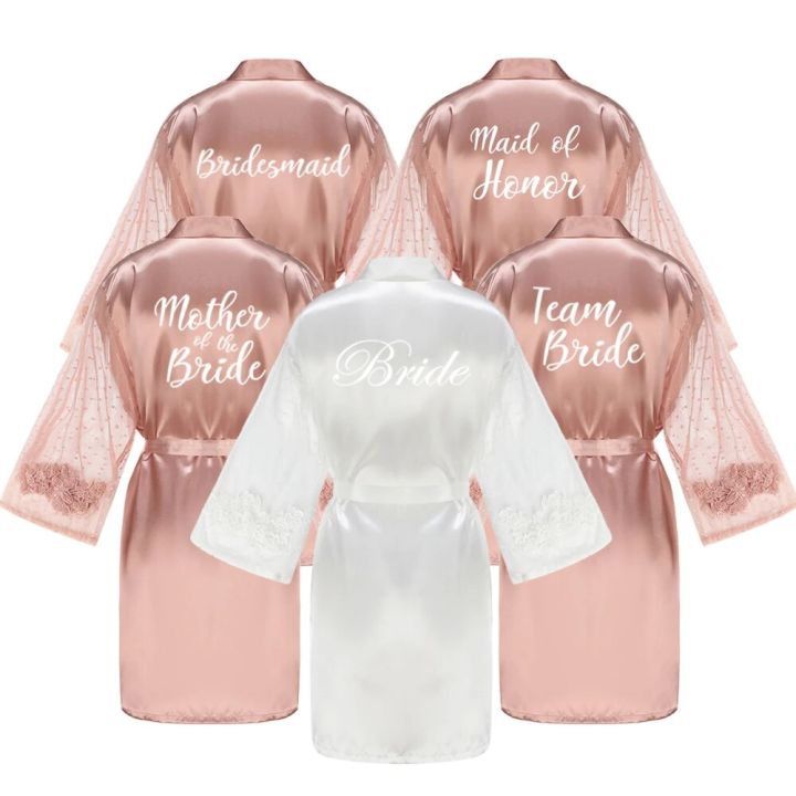 Rose Gold Bridesmaid Team Bride Robes With Lace Mesh Sleeve Sister Mother Bathrobe Maid Of Honor Kimono Wedding Gift