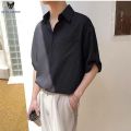 ACHS AWAKE Shirt Men's Short Sleeve Korean Style Fashion Men's Clothing 3/4 Sleeve Shirt Lightly Mature Pu Handsome Summer Ice Silk. 