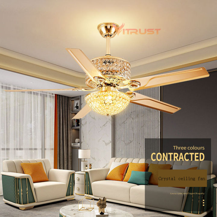 Ceiling Fan Gold Light Ceiling Fan Tuya Smart Crystal LED Chrome Wind Light Bedroom Living Room 42 Inch 52 Inch Remote Control