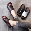 【BestGO】2021 Summer New Wedge Heel Leather Slippers Muffin Thick-soled Retro Sandals and Slippers Women. 