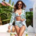 Muses Mall Quick-drying Bikini Set 3-piece Leaf Print Bikini Cardigan Set for Women High Waist Swimsuit with Quick Dry Lace-up Bra Beachwear for Water Sports Women Swimsuit Set. 