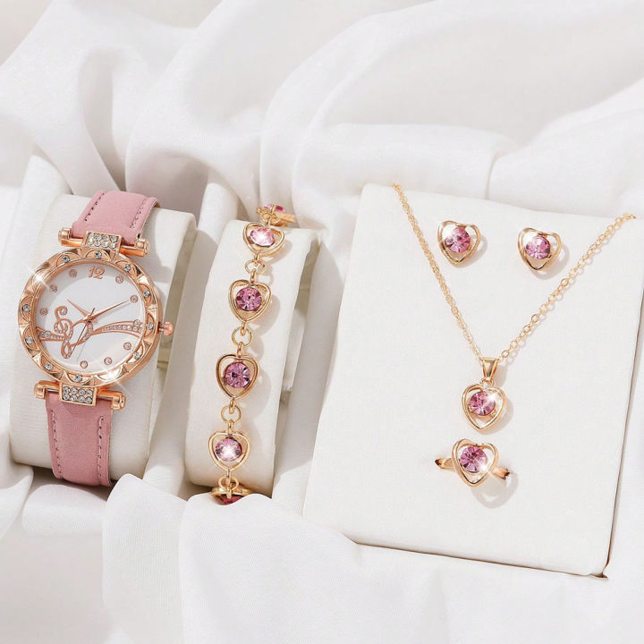 Pink Fashon Elegant Women WristWatch 6Pcs Heart Ring Necklace Earrings Bracelet Set PU Strap Ladies Quartz WristWatch No Box